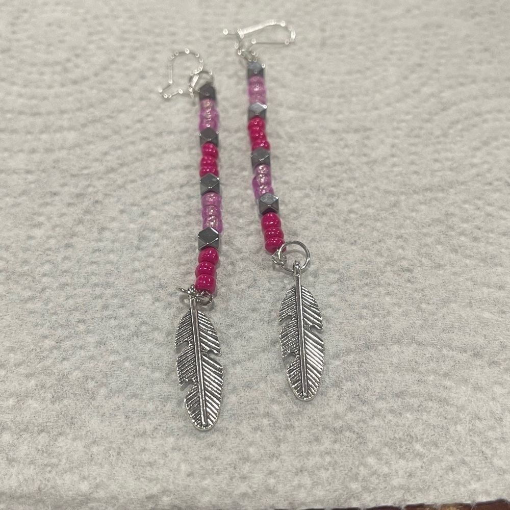Handmade Pink and Silver Beaded Feather Earrings